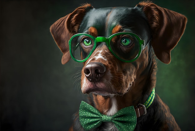 Portret van een labrador-mix met een kabouterhoed, pruik en bril voor St. Patrick's Day