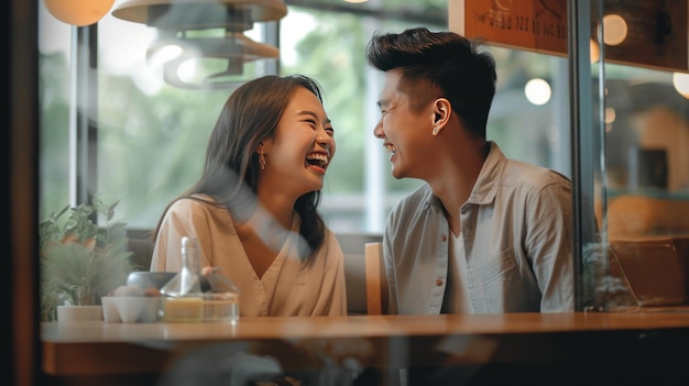 Portret van een lachend Aziatisch echtpaar dat van een afspraakje in een café geniet