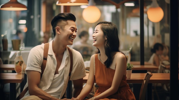 Foto portret van een lachend aziatisch echtpaar dat van een afspraakje in een café geniet