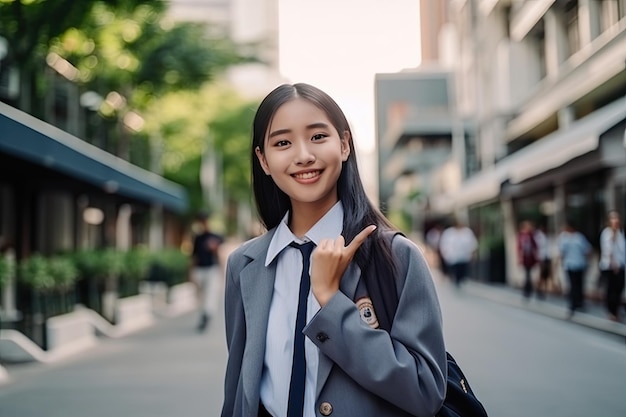 Portret van een lachend Aziatisch studentenmeisje dat uniform op straat draagt