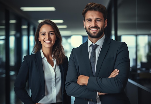 Portret van een lachend commercieel team dat op kantoor staat