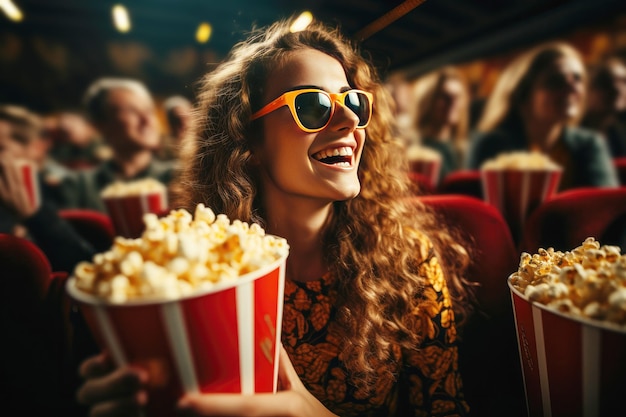 Portret van een lachend meisje met popcorn in een bioscoop