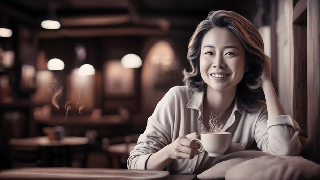 Portret van een lachende Aziatische vrouw die ontspant in een koffieshop.