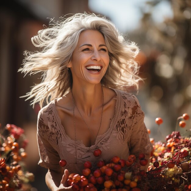 Portret van een lachende blonde vrouw met rode bessen