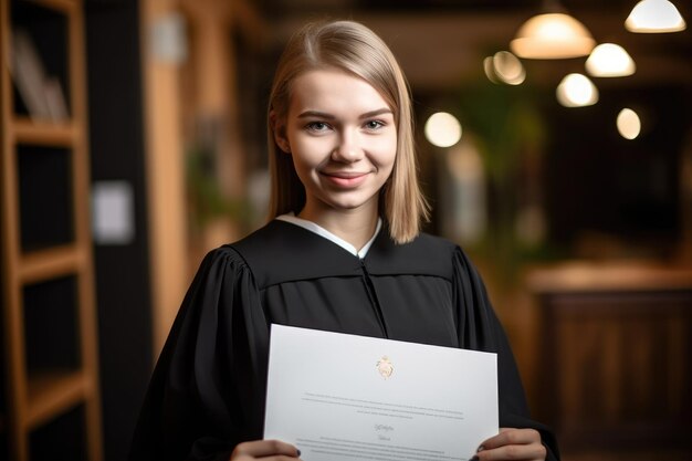 Portret van een lachende en trotse studente met haar diploma gemaakt met generatieve ai