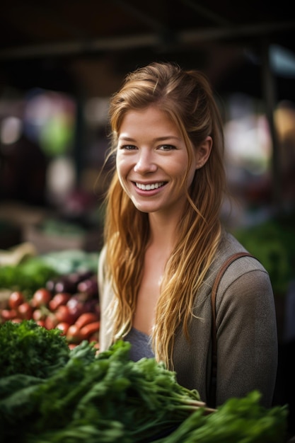 Portret van een lachende jonge vrouw die op een boerenmarkt werkt, gemaakt met generatieve AI
