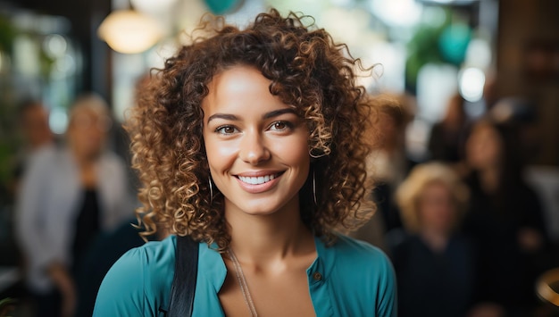 Portret van een lachende jonge vrouw met krullend haar in de koffieshop