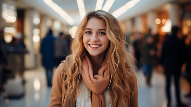 Portret van een lachende jonge vrouw met lang blond haar in een winkelcentrum