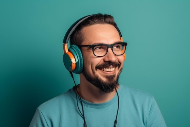 Portret van een lachende jongeman die naar muziek luistert met een koptelefoon op een stevige achtergrond