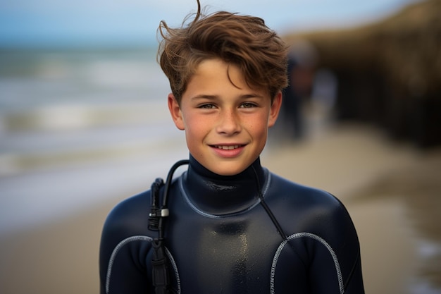 Portret van een lachende jongen in wetsuit kijkend naar de camera bij de oceaan Generatief door Ai