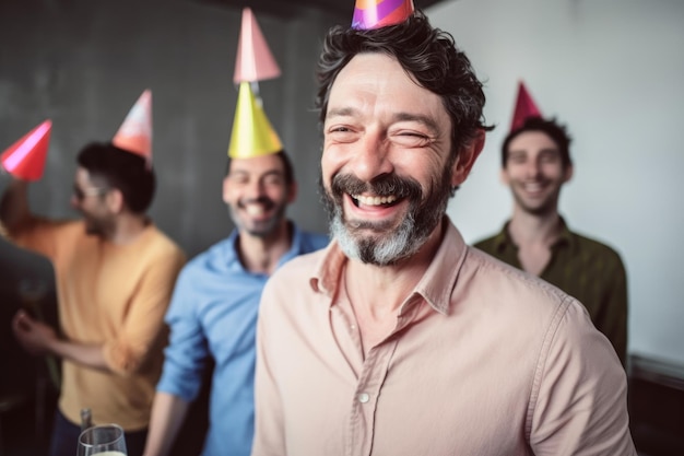 Portret van een lachende man op zijn verjaardagsfeestje met vrienden gemaakt met generatieve ai