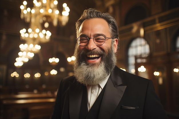 Foto portret van een lachende rabbijnpriester in de kerk