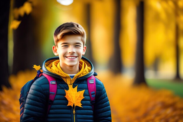 Portret van een lachende tienerjongen met gele herfstesdoornbladeren in zijn hand buitenshuis