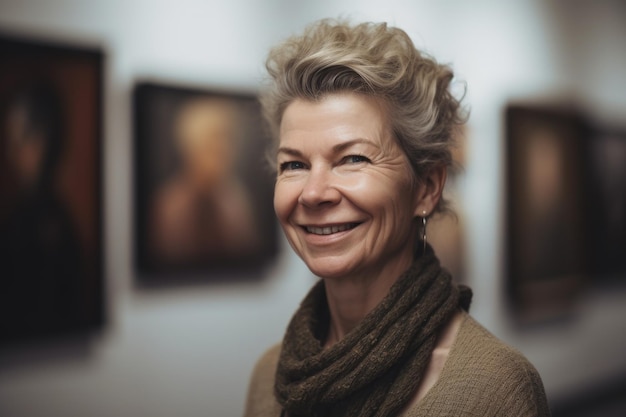 Portret van een lachende vrouw in een kunstgalerie gemaakt met generatieve AI