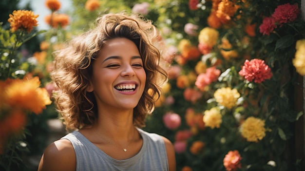 Portret van een lachende vrouw met bloemen op de achtergrond