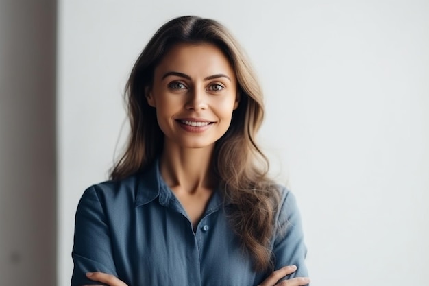 Portret van een lachende vrouw met gekruiste armen