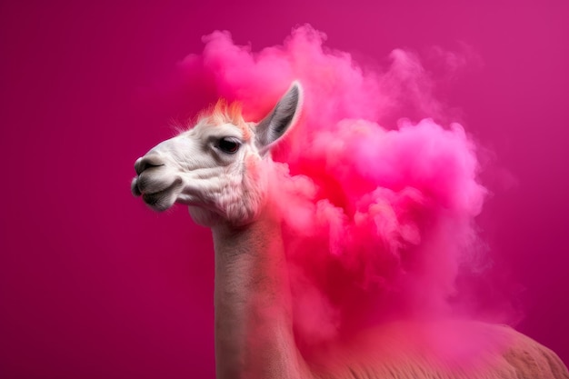 Portret van een lama met een kleurrijke rookwolk abstract creatief dier generatief ai