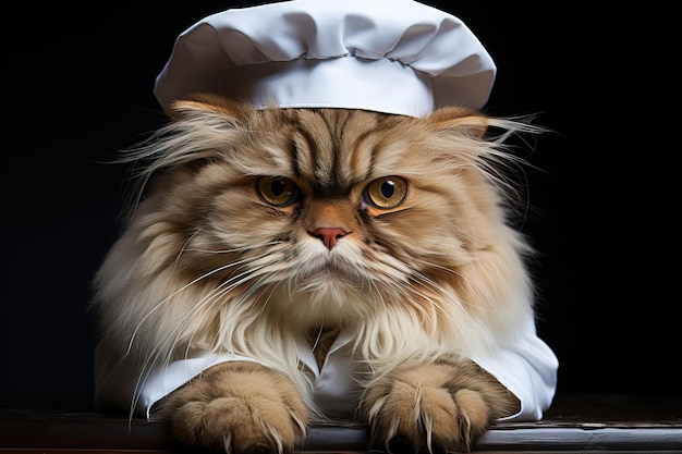 Portret van een langharige kat met een chef-kok uniform en hoed geïsoleerd op een zwarte achtergrond