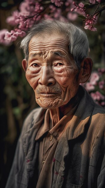 Portret van een langlevende oude man van meer dan 100 jaar uit Japan met Japanse roze bloemen rond