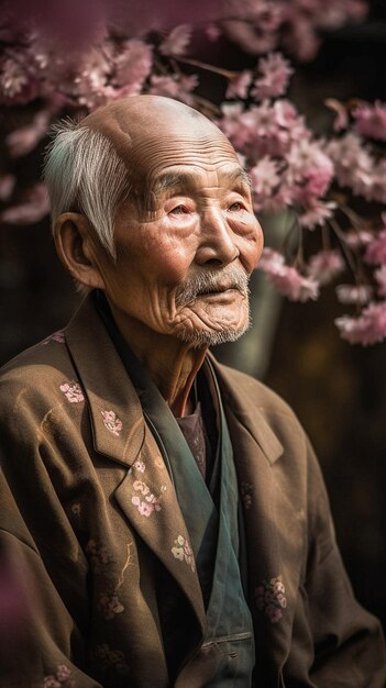 Foto portret van een langlevende oude man van meer dan 100 jaar uit japan met japanse roze bloemen rond