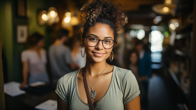 Portret van een Latijnse Spaanse student met krullen die glimlacht en naar de camera kijkt die door AI is gegenereerd