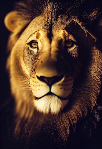 Portret van een leeuw Close-up van het gezicht van een wilde leeuw op zwarte achtergrond