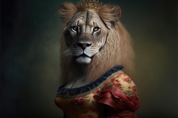 Portret van een leeuw in een Victoriaanse jurk