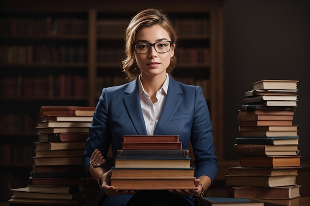 Portret van een leraar met een stapel boeken