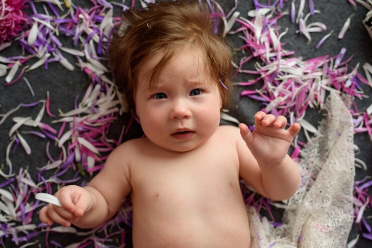 Portret van een lief klein babymeisje met een krans van bloemen
