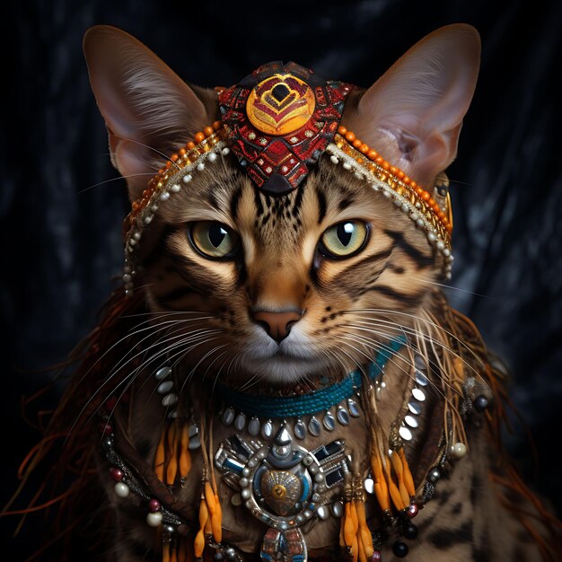 Portret van een majestueuze Bengaalse kat met een zelfverzekerde uitdrukking en een T-party verjaardagskostume