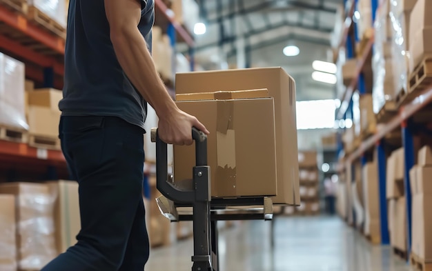 Portret van een man aan het werk in een Wearhouse met doos boven een steekwagen met een grote kopieerruimte Generatieve AI