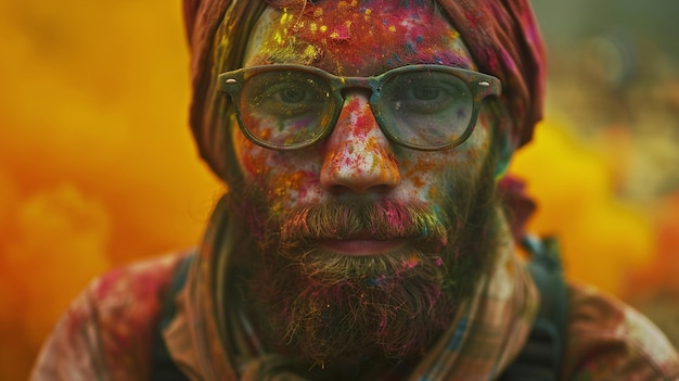 Portret van een man bedekt met kleurrijk poeder tijdens het Holi-festival in India