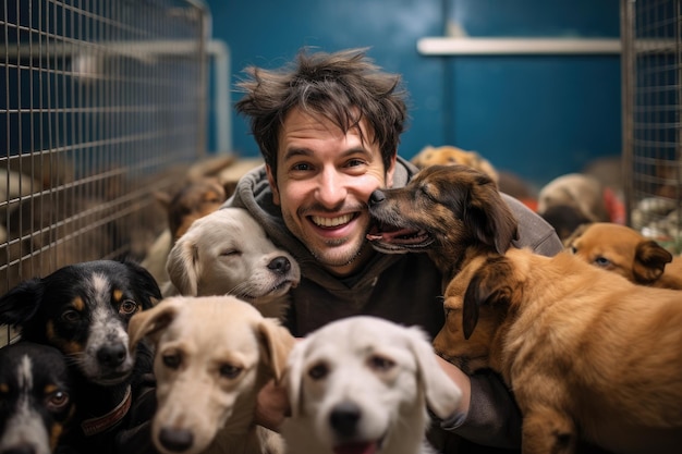 Portret van een man die een groep honden vasthoudt in een schuilplaats Hond in het schuilhuis Vrijwilliger van het dierenschuilplaats zorgt voor honden AI gegenereerd