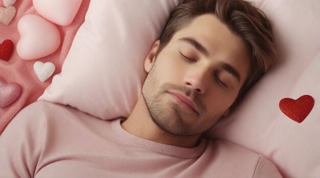 Portret van een man die goed slaapt tegen de achtergrond van Valentijnsdag