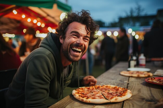 Portret van een man die pizza eet op het straatvoedselfestival