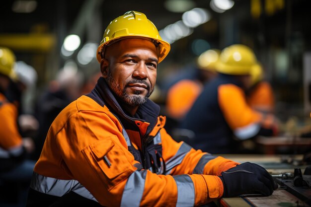 Portret van een man die zelfverzekerd staat met een werkpak en een veiligheidshelm