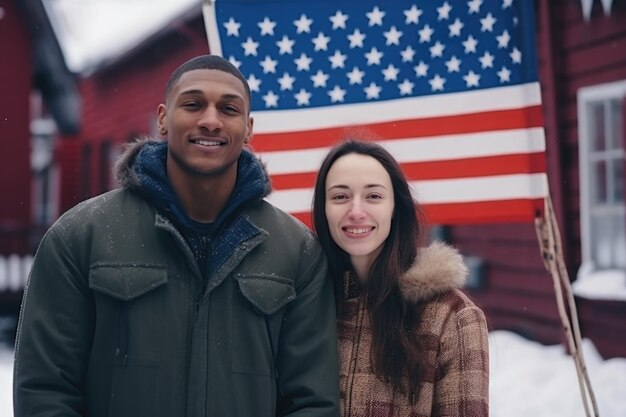 Foto portret van een man en een vrouw patriotten van hun land tegen de achtergrond van een stadsstraat