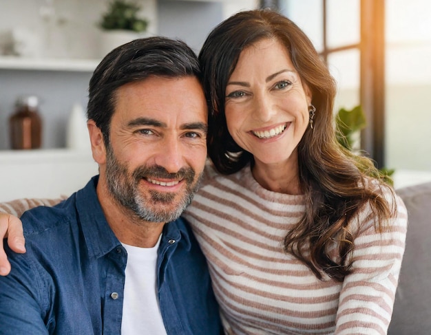 Foto portret van een man en een vrouw van veertig in de liefde een koppel van veertig jaar in een bank thuis