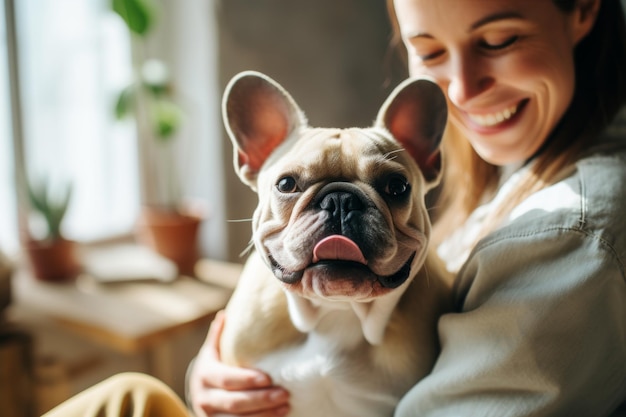 portret van een man en vrouw die elkaar omhelzen schattig Franse bulldog huisdier concept