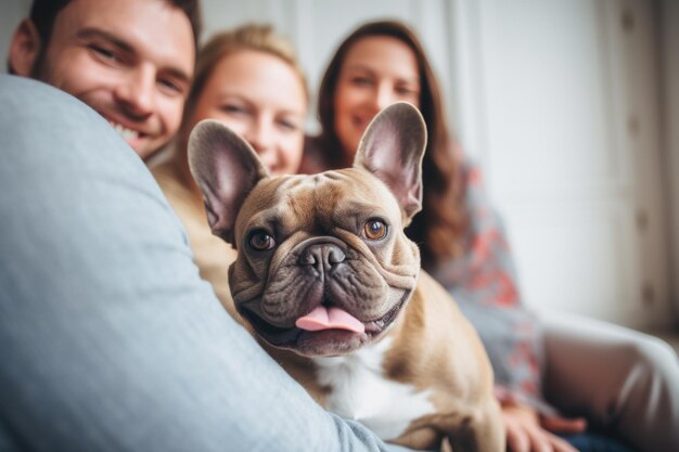 portret van een man en vrouw die elkaar omhelzen schattig Franse bulldog huisdier concept