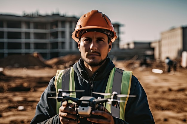 Portret van een man in een helm met een drone op een bouwplaats Generatieve AI