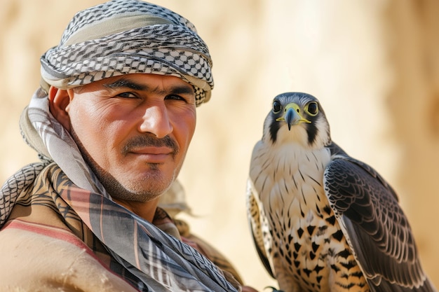 Portret van een man in hoofddoek met een valk