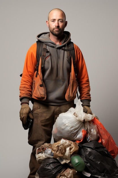 Portret van een man in werkkleding met een rugzak en handschoenen die een grote zak vuilnis vasthoudt