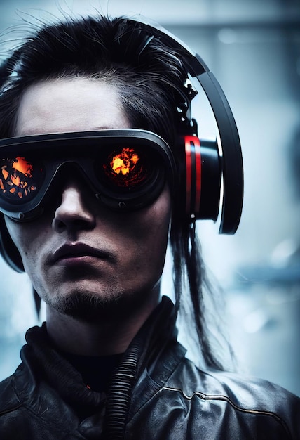 Portret van een man met een cyberpunk-headset en cyberpunk-uitrusting. Een hightech man uit de toekomst.