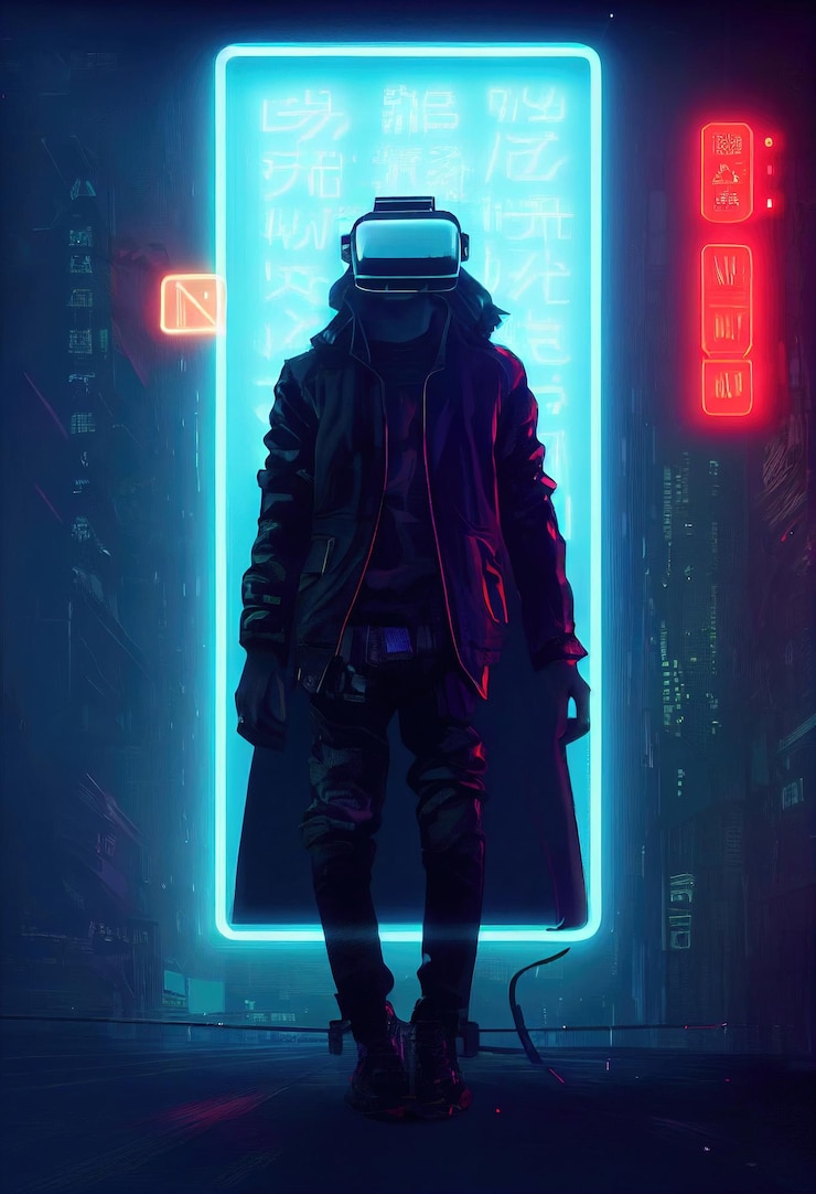 Foto portret van een man met een cyberpunk-headset, virtuele neonbril en cyberpunk-uitrusting