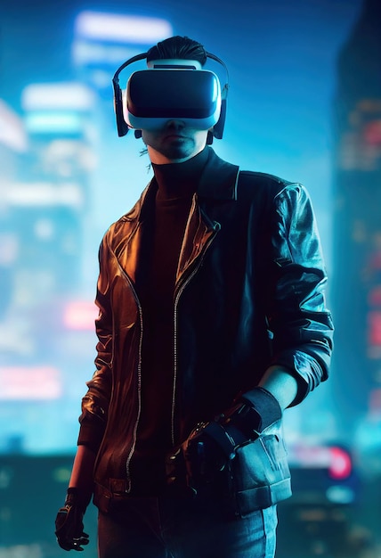 Portret van een man met een cyberpunk-headset, virtuele neonbril en cyberpunk-uitrusting