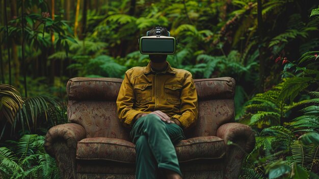 Foto portret van een man met een vr-headset in een groen bos die op een bank zit