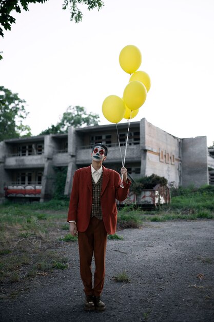 Foto portret van een man met enge clownmake-up en ballonnen