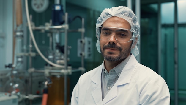 Portret van een man-wetenschapper in uniform die in een geneeskundig laboratorium werkt voor chemische en biomedische experimenten