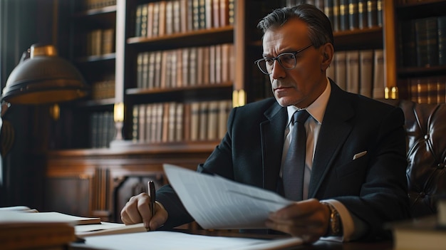 Portret van een mannelijke advocaat bij een prestigieus advocatenkantoor die juridische documenten nauwkeurig beoordeelt